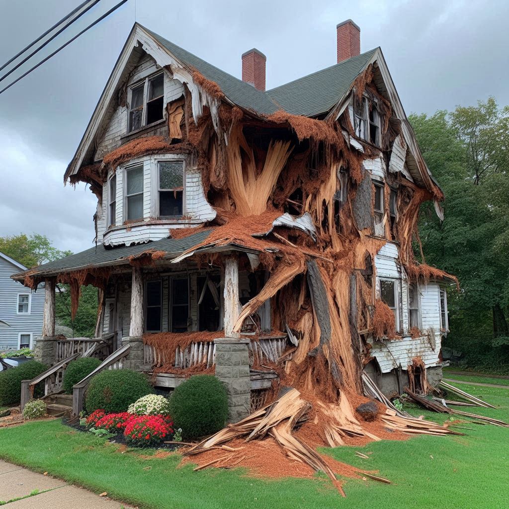 Signs Your Wayland Home Needs a Tree Inspection Blog Article - Tree with visible damage, including broken branches and signs of disease near an Wayland home